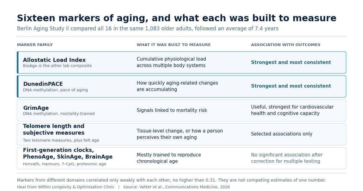 Table of five families of biological aging markers from the Berlin Aging Study II, showing what each was built to measure and how strongly each was associated with health outcomes.