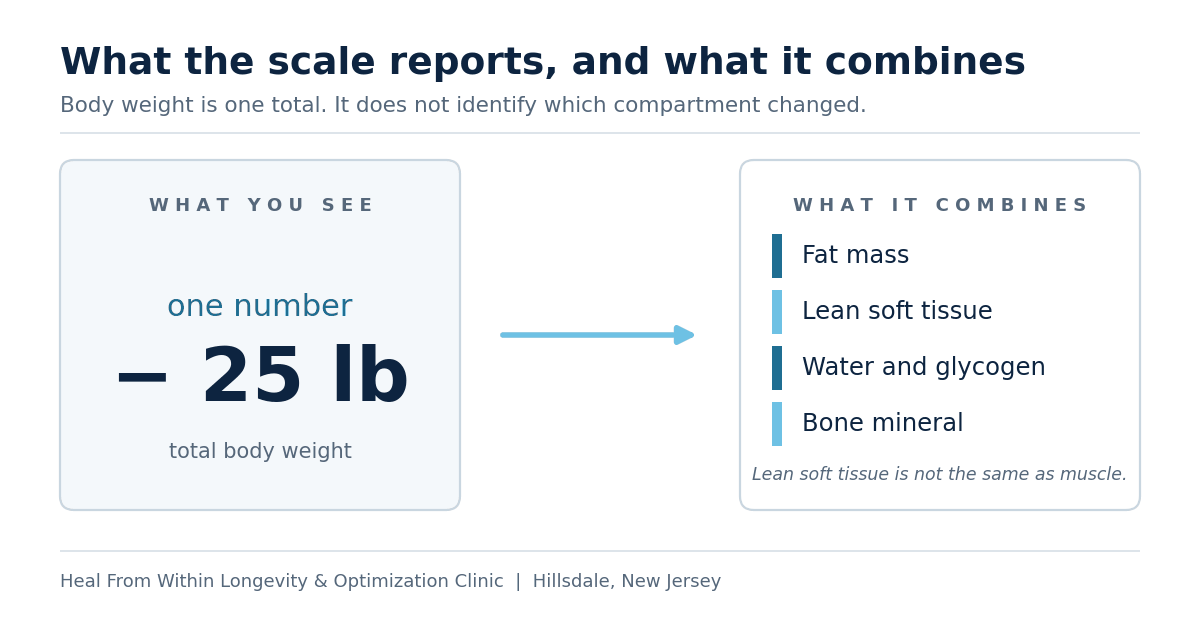 Diagram contrasting a single scale weight change with the compartments it combines: fat mass, lean soft tissue, water and glycogen, and bone mineral.