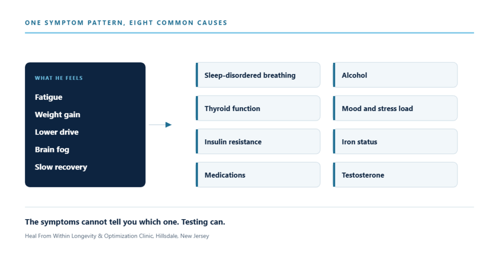 Eight common causes of fatigue, weight gain and low drive in men over 40, shown as separate branches: sleep-disordered breathing, thyroid, insulin resistance, medications, alcohol, mood, iron status and testosterone.
